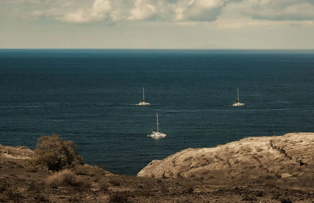 Three sailboats on the ocean near a rocky coastline with some bushes in the foreground and a cloudy sky overhead.