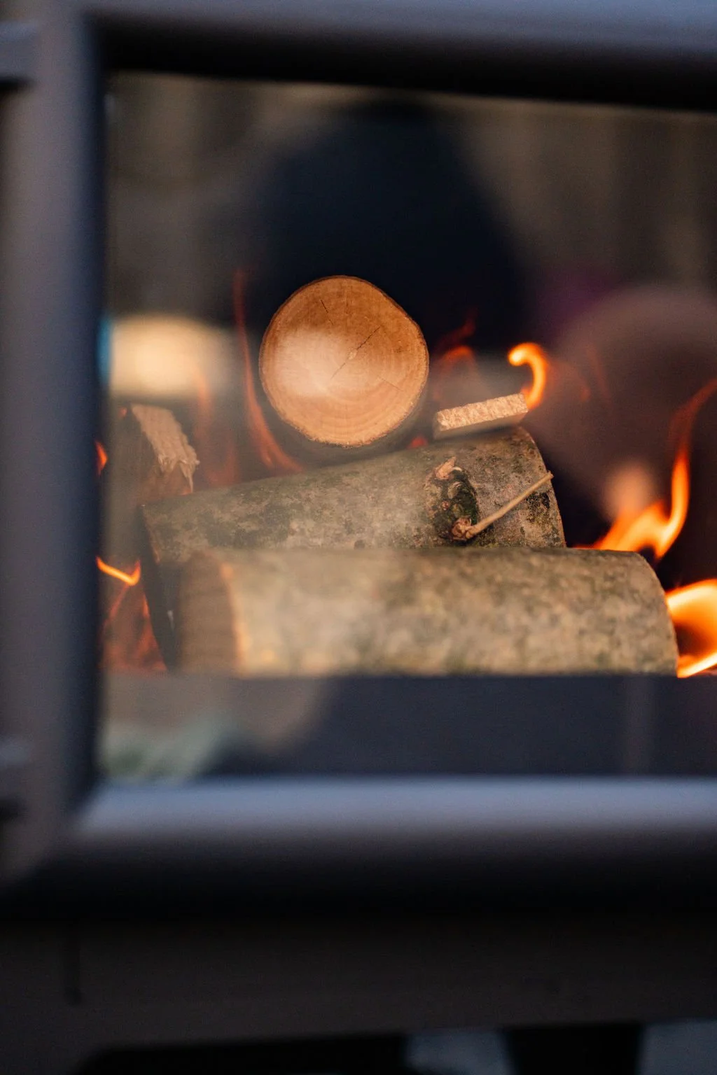 Wood logs burning in a stove with flames visible.