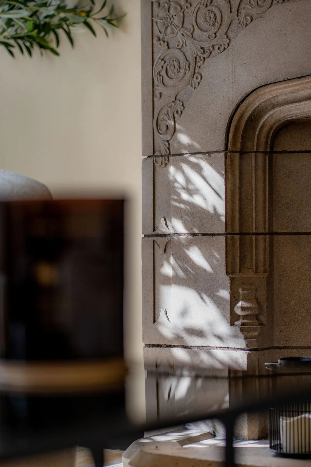 Close-up view of an ornate stone fireplace with decorative carvings, cast shadows of a leafy plant on the wall beside it, and a blurred dark-colored table in the foreground.