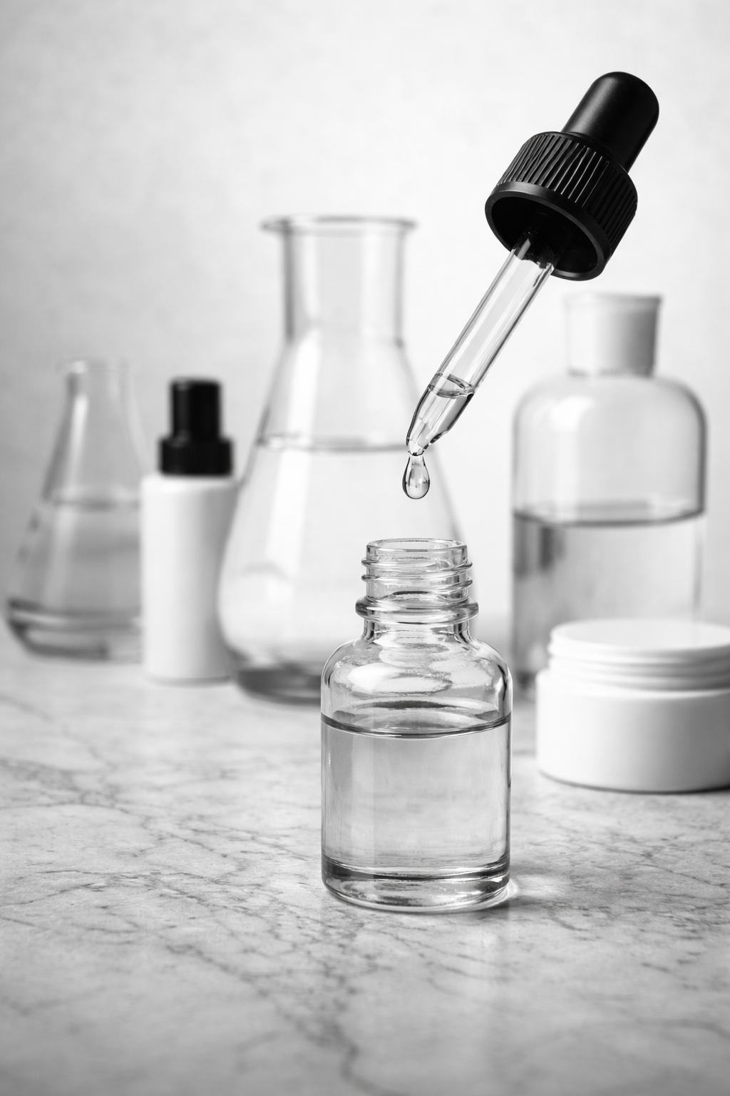 Black and white photo of a laboratory with various glass containers, including a beaker, bottles, and jars, and a dropper with a liquid dripping into a small glass vial.