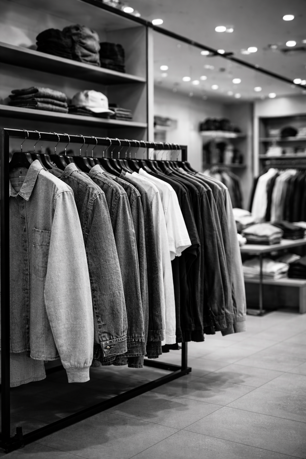Black and white photo of a clothing store aisle with denim and t-shirts hanging on a rack, shelves with folded clothes and hats on the background.
