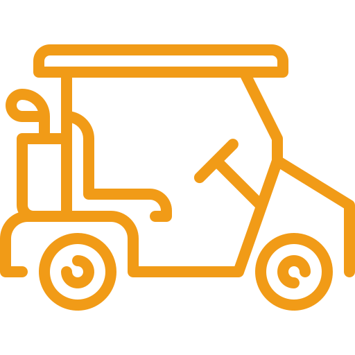 Outline of a golf cart with a set of golf clubs in the back.