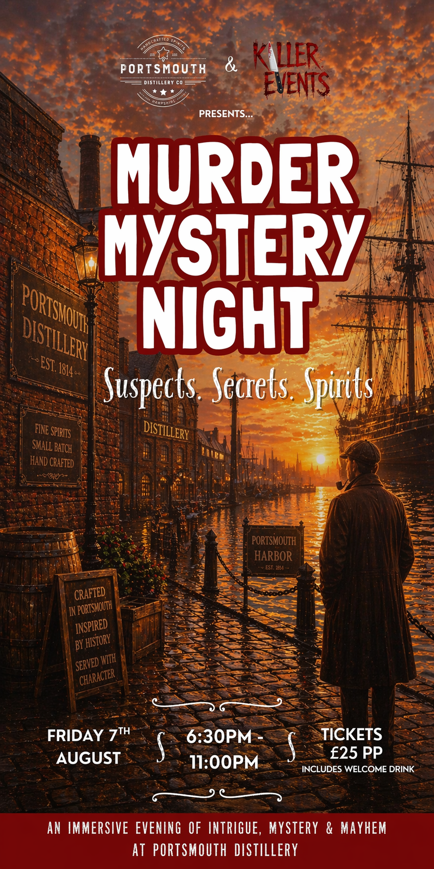 Poster for Murder Mystery Night event featuring a sunset scene at Portsmouth Harbor with a man smoking a pipe, old buildings, ships, and event details such as date, time, location, and ticket price.