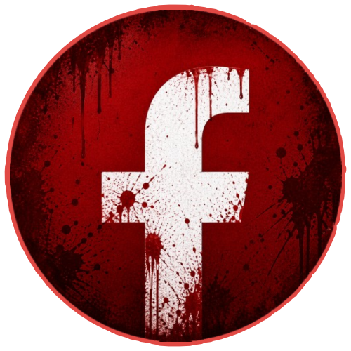 A blood-splattered Facebook logo on a red background.