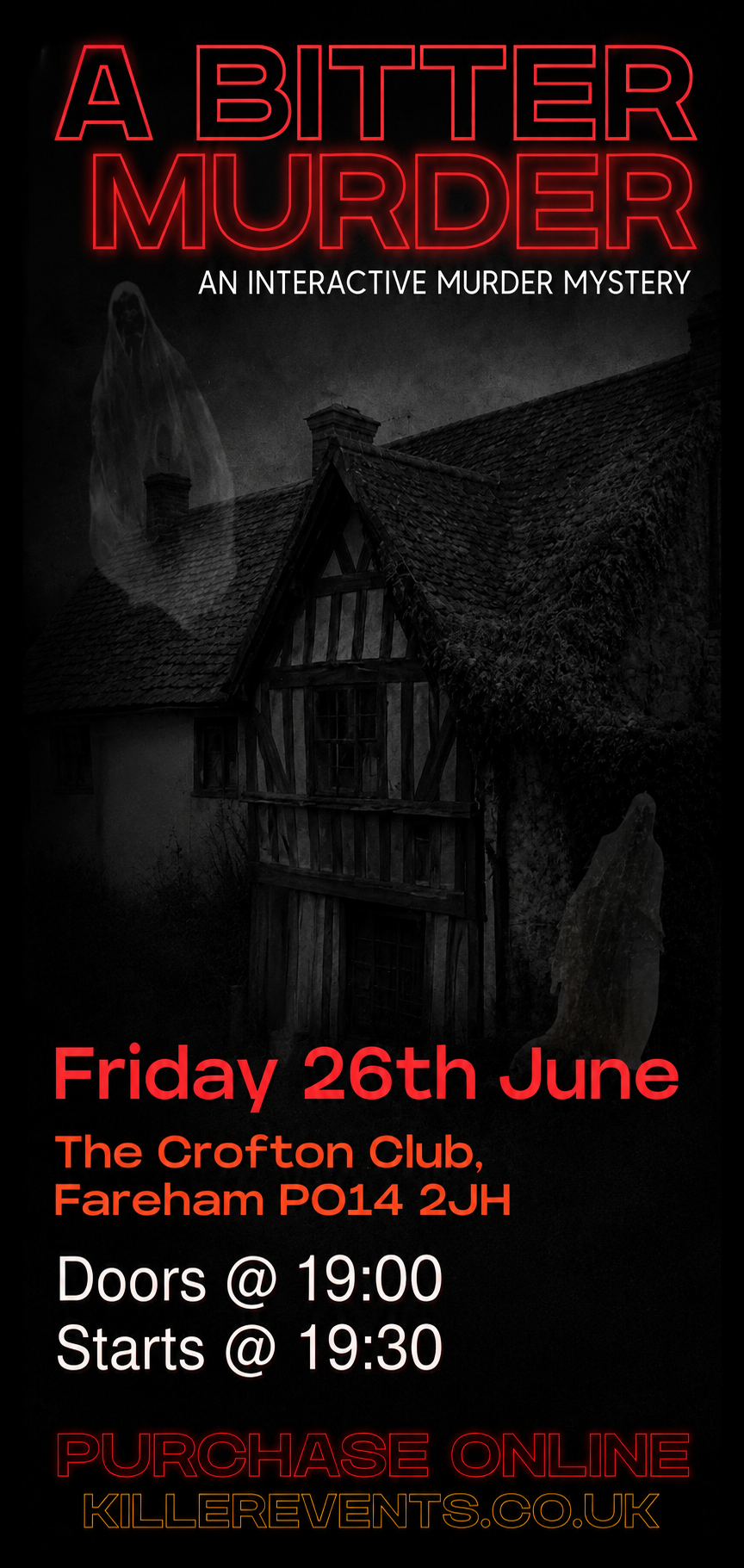 Promotional poster for a murder mystery event titled "A Bitter Murder" with a spooky, dark background featuring a haunted house and ghostly figures, scheduled for Friday, June 26th at The Crofton Club, Fareham, with details about door opening and event start times, and online ticket purchase information.