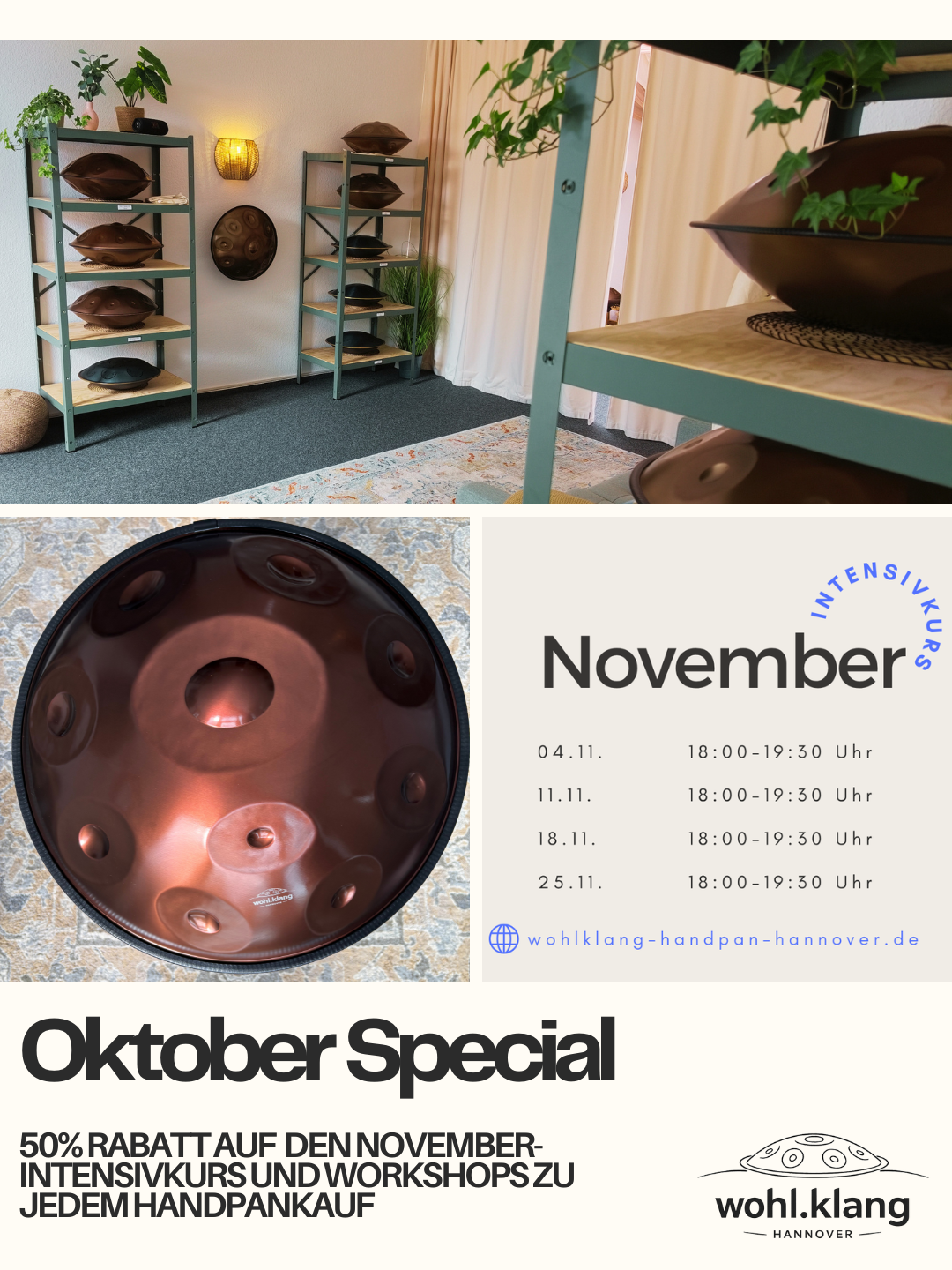 Handpan Intensivkurs im November im wohl.klang Studio Hannover – Termine am 4., 11., 18. und 25.11., 18:00–19:30 Uhr