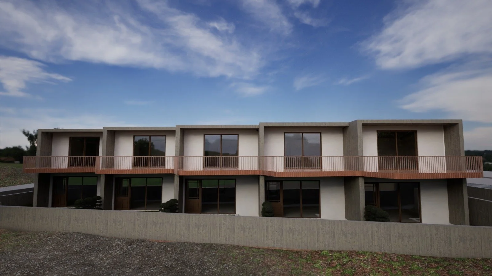 modern maisonette complex with continuous curved balconies in Kallikrateia Greece residential development. Contemporary maisonette complex with signature continuous curved balconies in Kallikrateia, Greece.