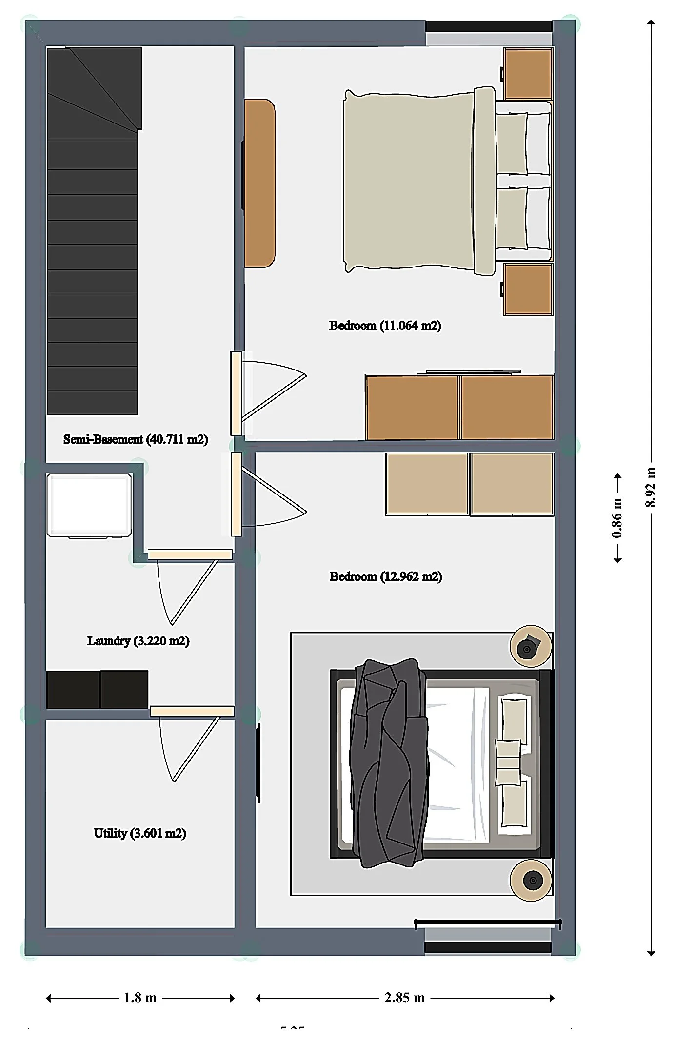 Lower level floor plan with two bedrooms laundry and utility rooms in Kallikrateia maisonette project Greece. Lower level layout with two bedrooms, laundry, and utility spaces designed for functionality and privacy