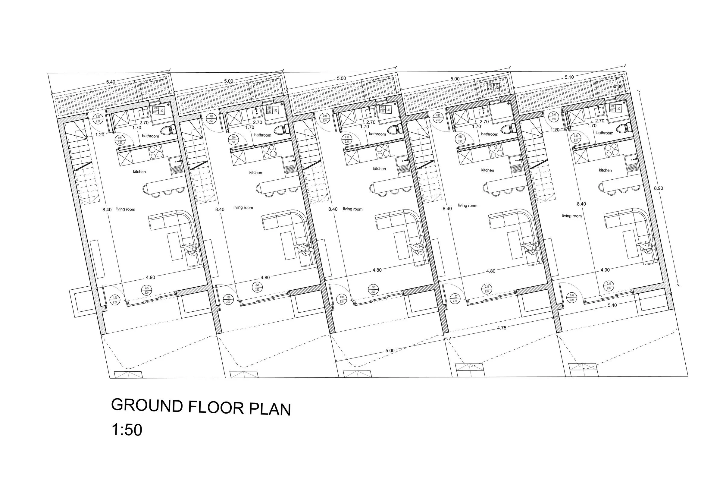 ground floor plan of modern maisonettes in Kallikrateia Greece showing open-plan living room kitchen layout and terrace access. Ground floor layout of maisonettes in Kallikrateia with open-plan living area, kitchen, and direct outdoor access