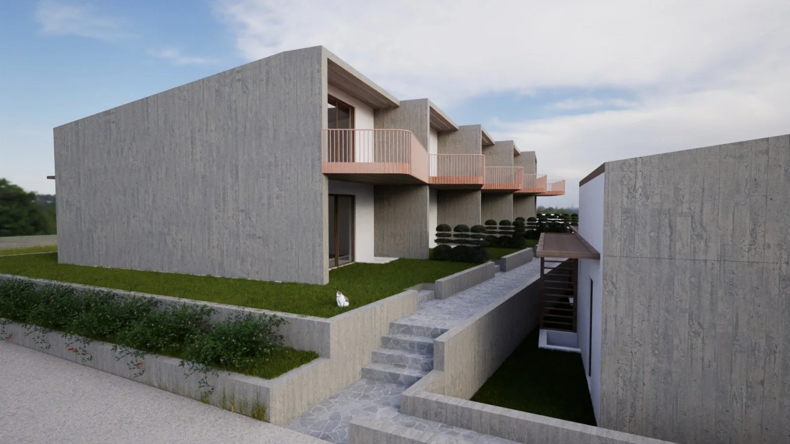 modern maisonettes with private gardens terraced levels and curved balconies in Kallikrateia Greece. Modern maisonettes with terraced private gardens and signature curved balconies in Kallikrateia, Greece
