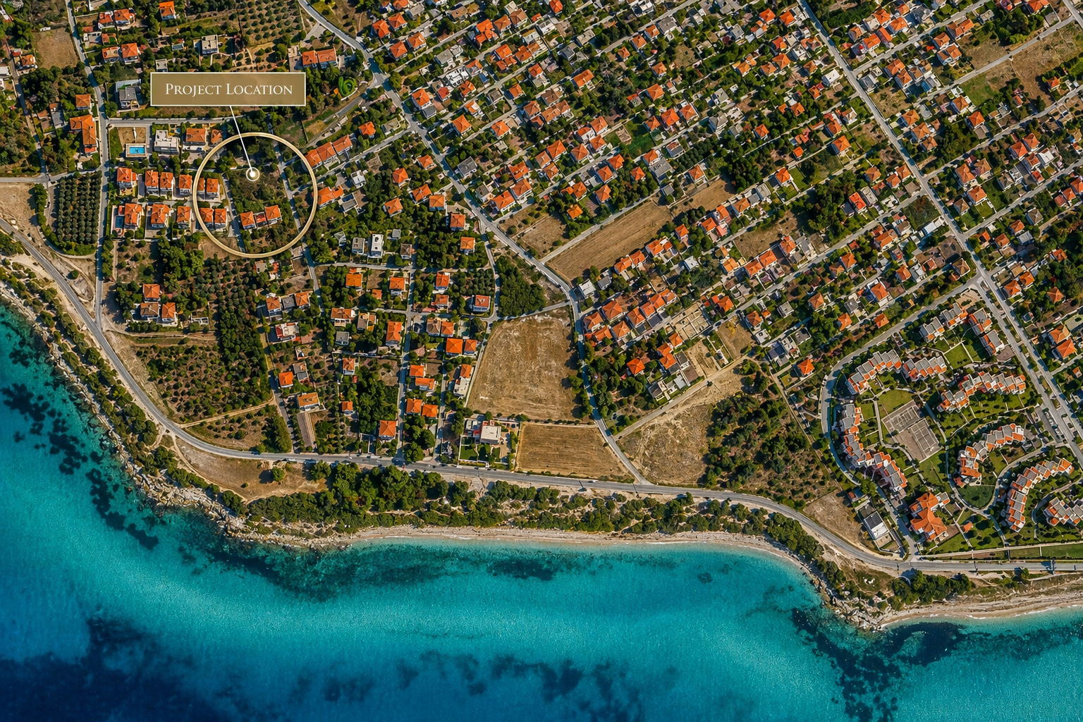 aerial view of Kallikrateia Greece coastal residential area showing project location near the beach. Project location in Kallikrateia, Greece near the coastline