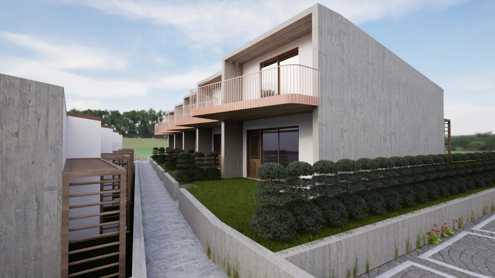 modern maisonettes in Kallikrateia Greece with private garden, terrace and contemporary coastal architecture. Modern maisonettes with private gardens and terraces in Kallikrateia, Greece