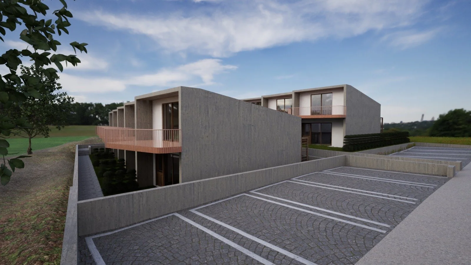 modern maisonette complex with private parking and landscaped surroundings in Kallikrateia Greece.