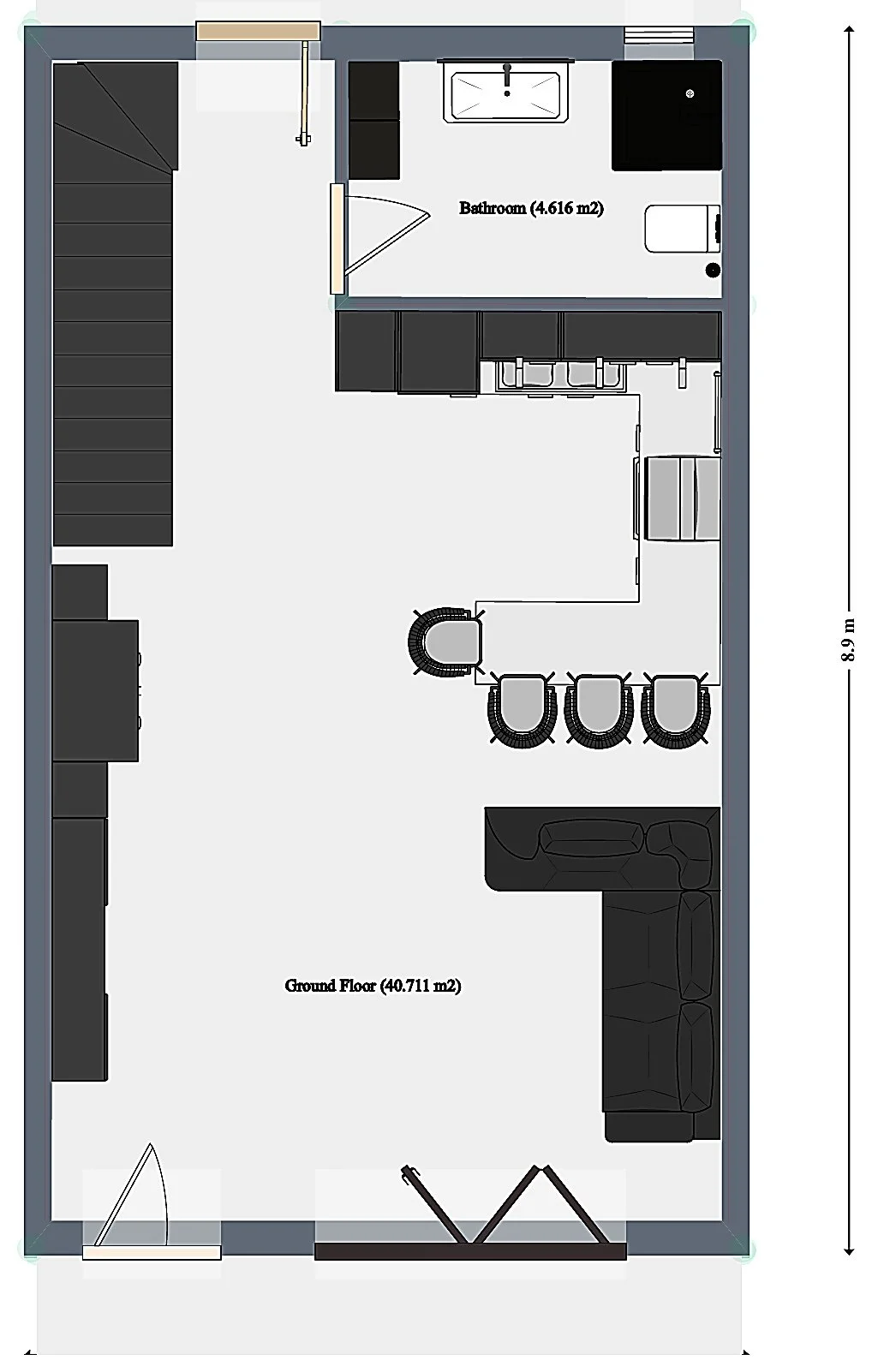 ground floor plan with open kitchen living area and bathroom in Kallikrateia maisonette project Greece. Ground floor layout with open-plan kitchen, dining, and living area designed for modern coastal living