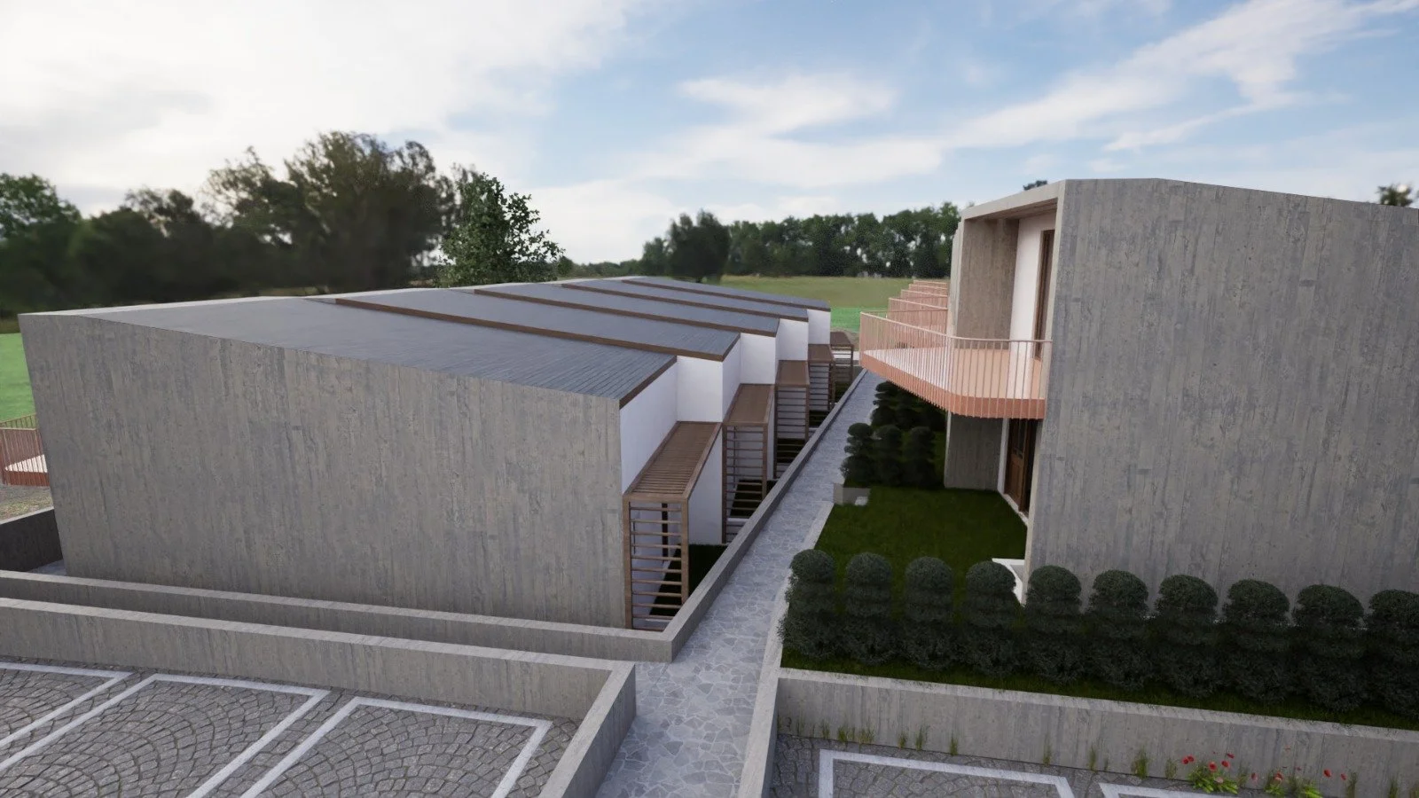 modern maisonette development with private entrances and landscaped pathways in Kallikrateia Greece. Contemporary maisonettes in Kallikrateia with private entrances, structured pathways, and green landscaping