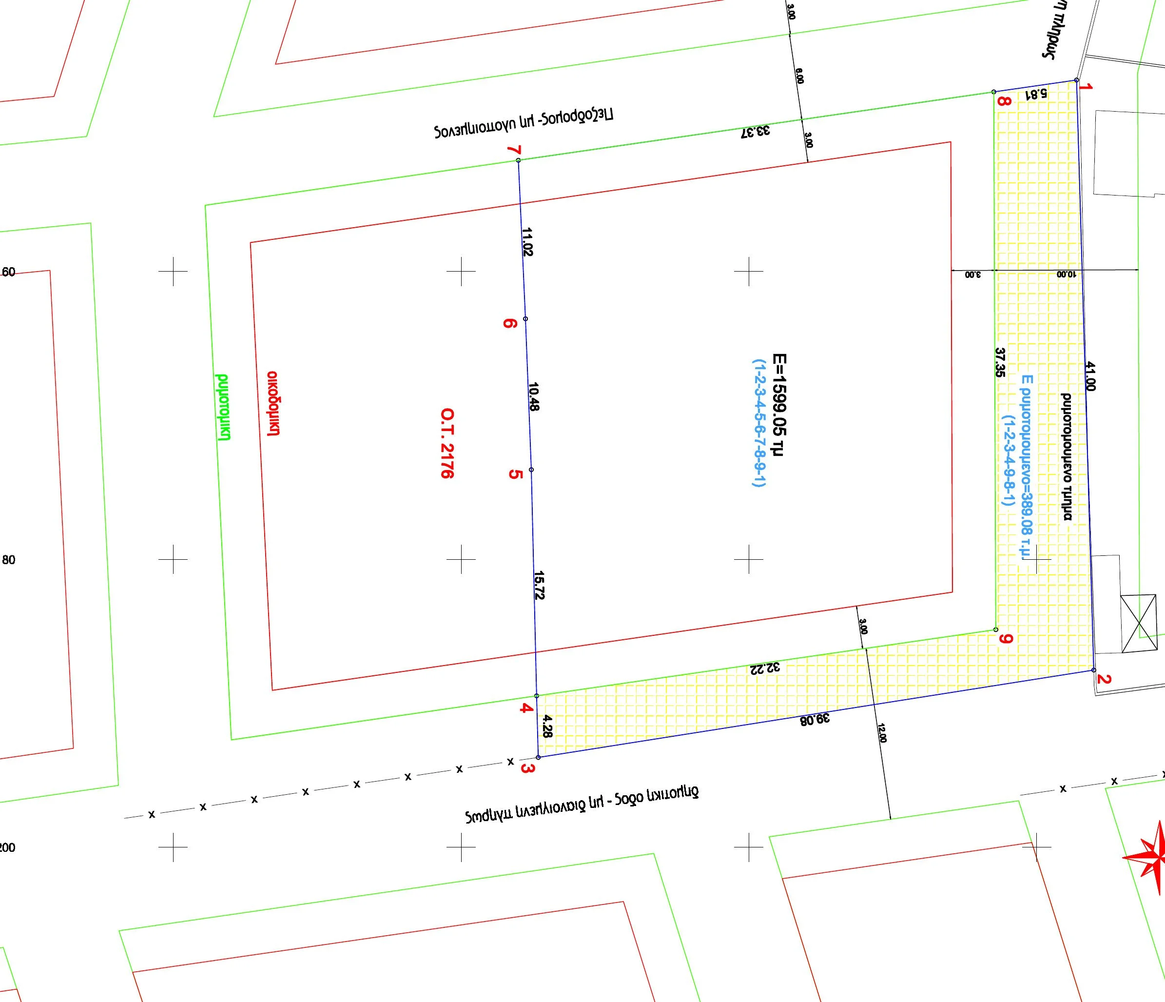 topographic site plan of development plot in Kallikrateia Greece showing boundaries dimensions and buildable area. Technical site plan of the Kallikrateia project plot with boundaries, dimensions, and designated buildable area