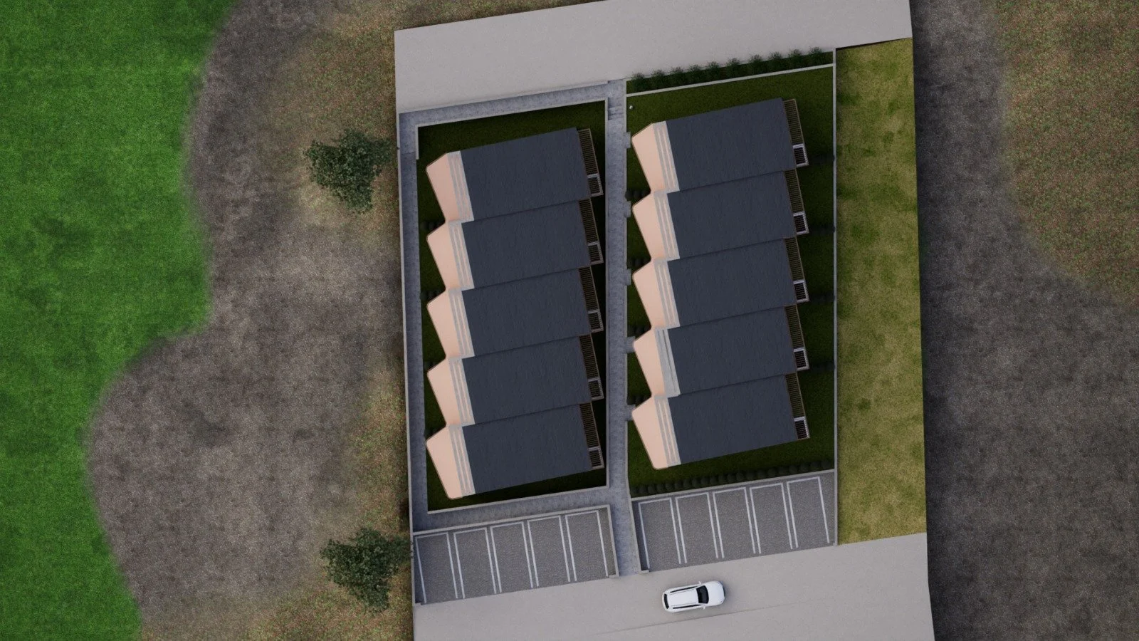 top view layout of 10 maisonettes in Kallikrateia Greece showing site plan with parking and green areas. Site plan of 10 maisonettes with parking and green areas in Kallikrateia, Greece