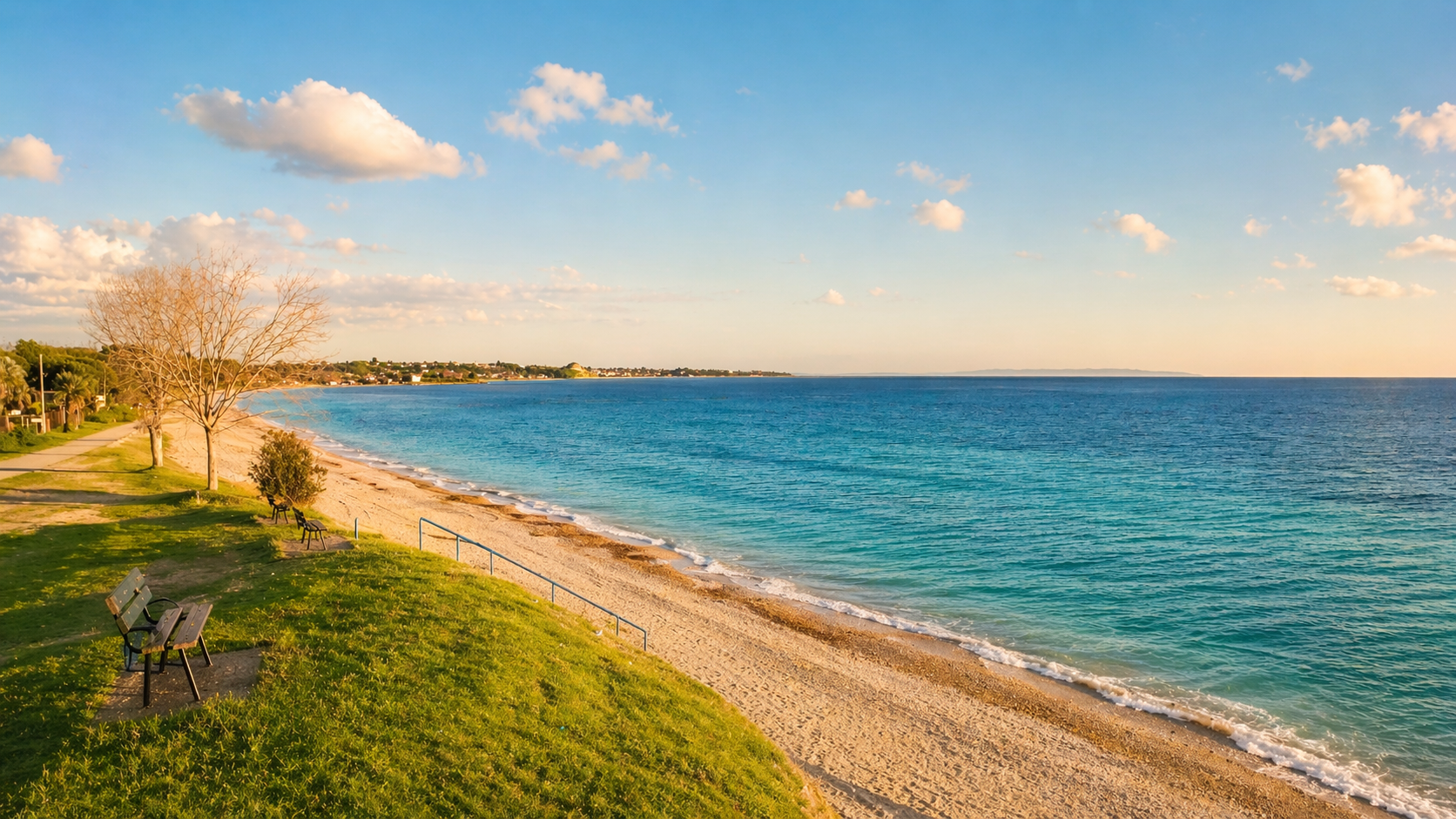 sandy beach in Kallikrateia Greece with clear turquoise sea and coastal promenade. Clear turquoise sea and sandy beach in Kallikrateia, Greece