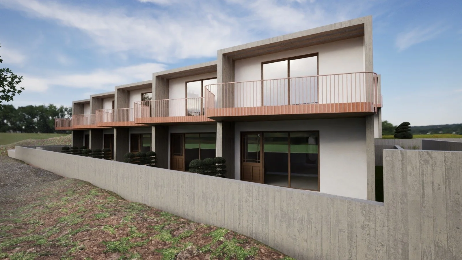 modern maisonette row with large balconies and private gardens in Kallikrateia Greece. Contemporary maisonettes in Kallikrateia featuring spacious balconies and private garden areas