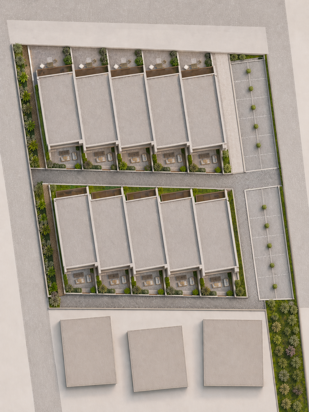 top view masterplan of boutique residential project in Kallikrateia Greece with 10 modern maisonettes, private gardens and parking. Masterplan of boutique residential project with 10 maisonettes in Kallikrateia, Greece.