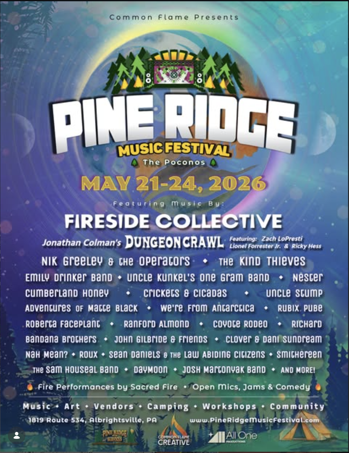 Poster for the Pine Ridge Music Festival in The Poconos, scheduled for May 21-24, 2026. Features a lineup including Fireside Collective, Dungeon Crawl, Nik Greeley & The Oper.ators, Uncle Kunkel's One Gram Band, and more. Mentions activities like mus