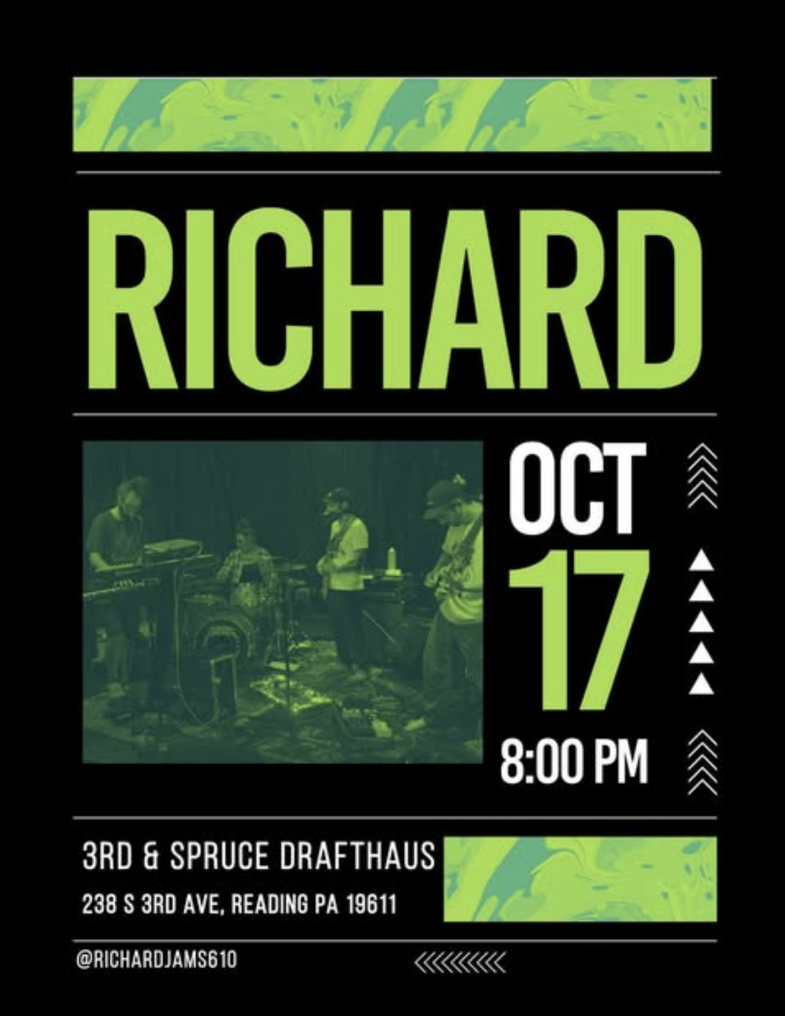 Event poster for a live music performance by Richard on October 17 at 8:00 PM at 3rd & Spruce Drafthaus, 238 S 3rd Ave, Reading, PA. The poster features a photo of a band with four members playing instruments, with a green and black color scheme and 