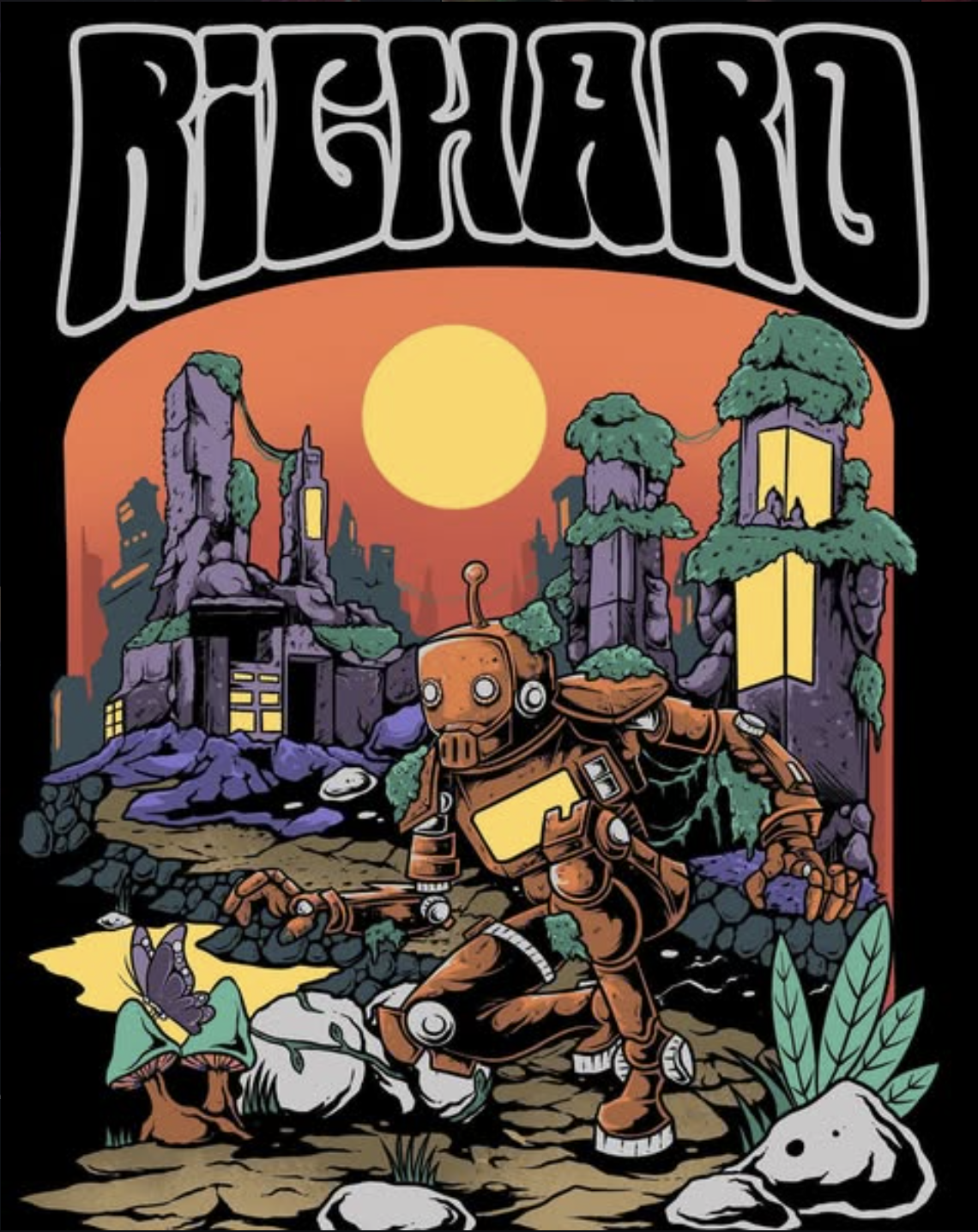 Poster for the band Richard with a robot stomping through a wasteland