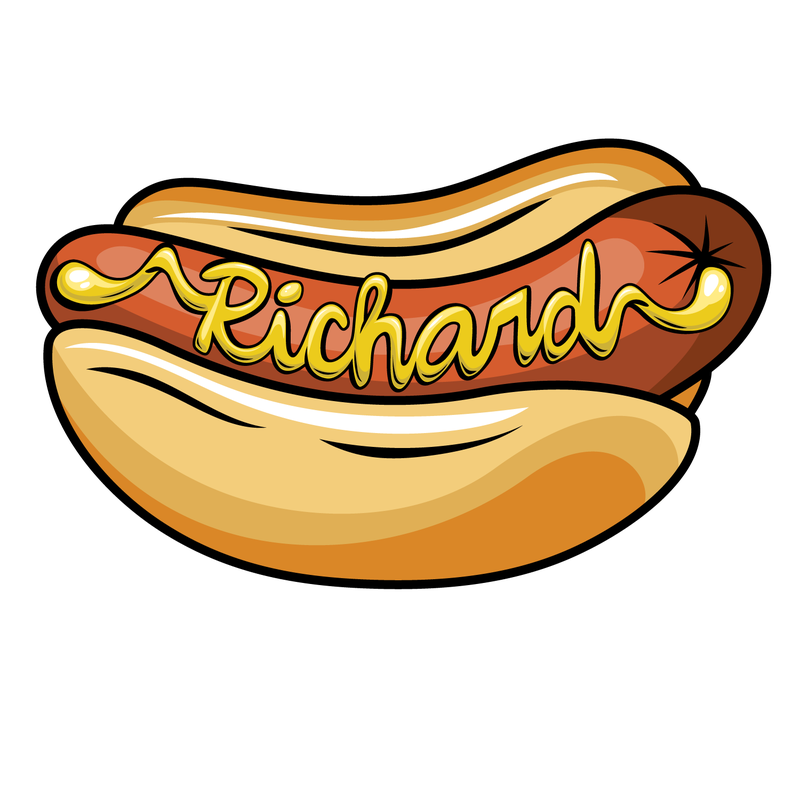 A cartoon image of a hotdog in a bun with Richard spelled out in mustard