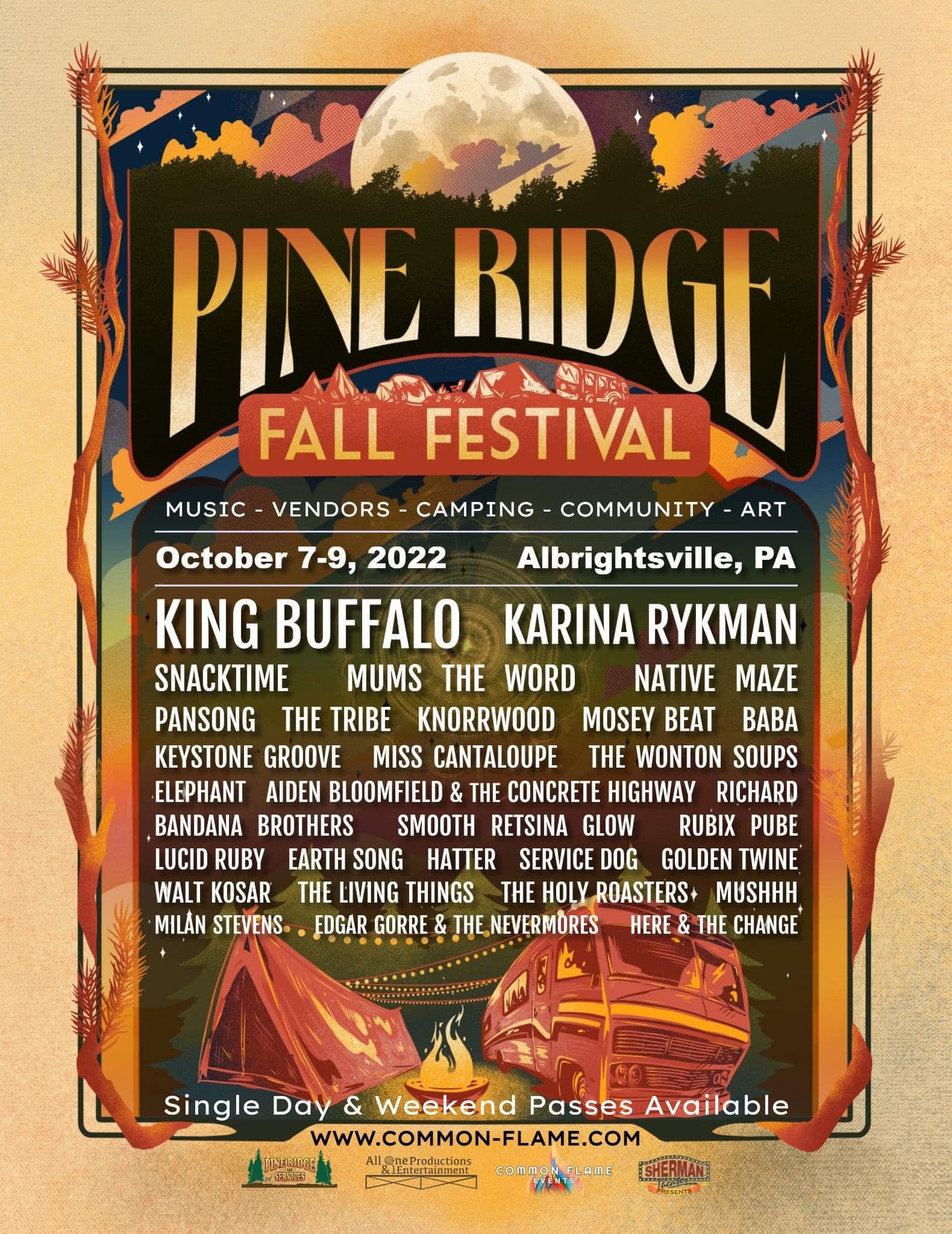 Poster for Pine Ridge Fall Festival, October 7-9, 2022, in Albrightville, PA. Features a moon, mountains, trees, and a camping scene with tents and a campfire, along with a list of performers and activities.