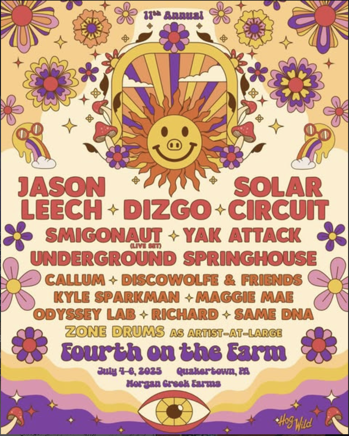 Colorful psychedelic poster for the fourth annual music festival called 'Fourth on the Farm,' featuring bands like Jason Leech, Dizgo, Solar Circuit, Smigonaut live set, Yak Attack, Underground Springhouse, and more artists, with the event dates July