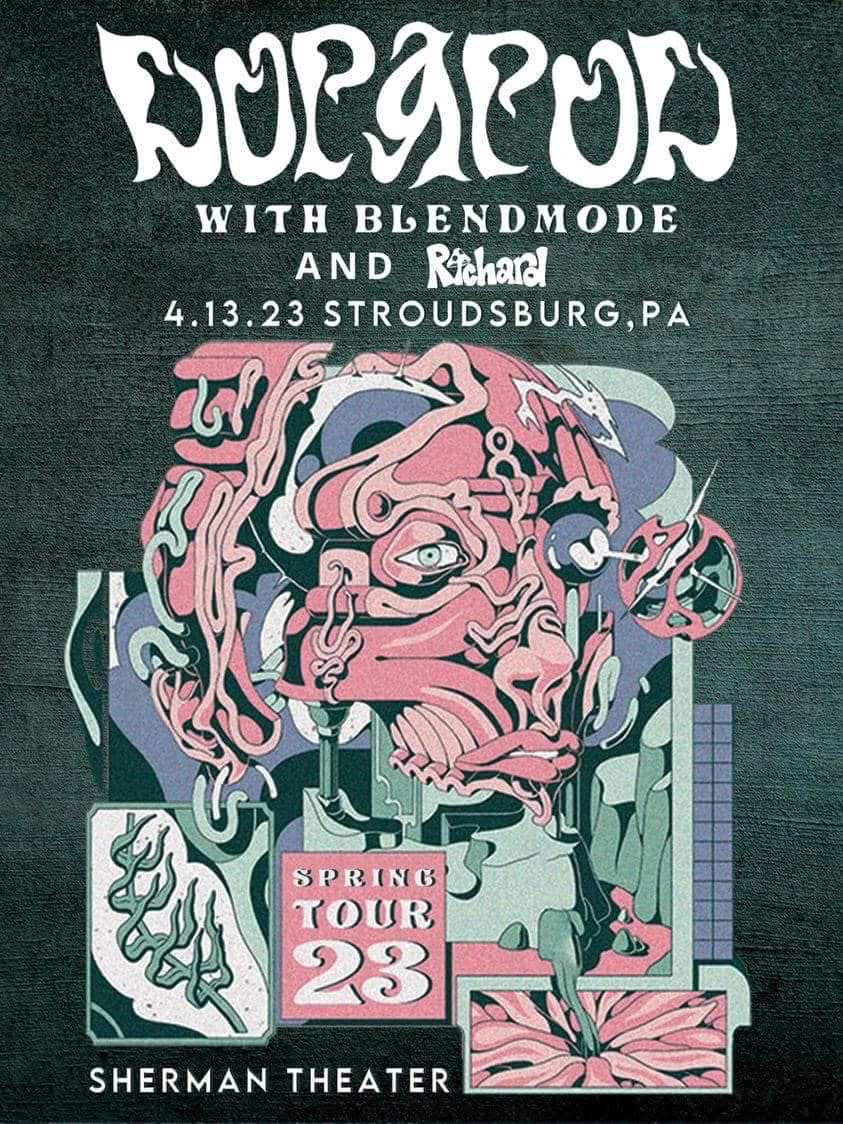 Concert poster for String Wizard with Blendmode and Richard at Sherman Theater in Stroudsburg, PA on April 13, 2023, featuring an abstract, colorful illustration of a distorted face with flowing lines and shapes.