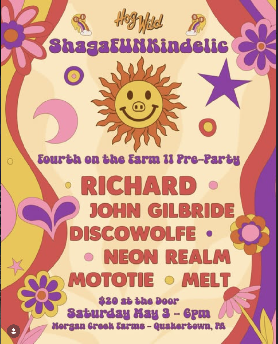 Colorful poster for a costume party titled "Hog Wild ShagaFUNKindelic", with a smiling sun graphic at the top, and various flowers, moons, stars, and circles in purple, pink, yellow, and red. The poster includes details about an event on Saturday, Ma