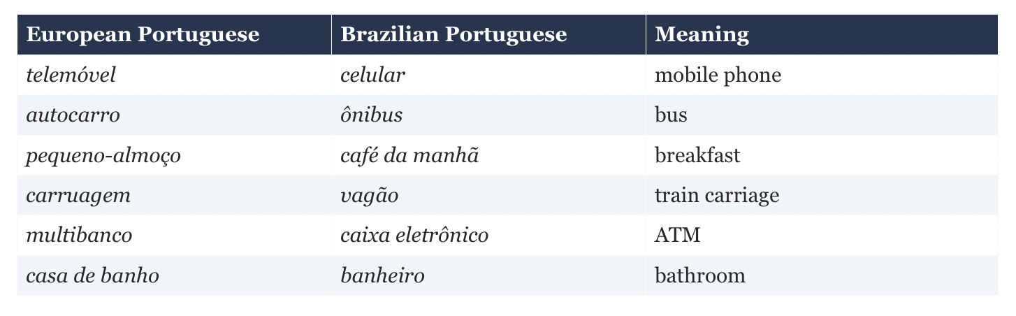 Table showing examples of vocabulary differences between European and Brazilian Portuguese