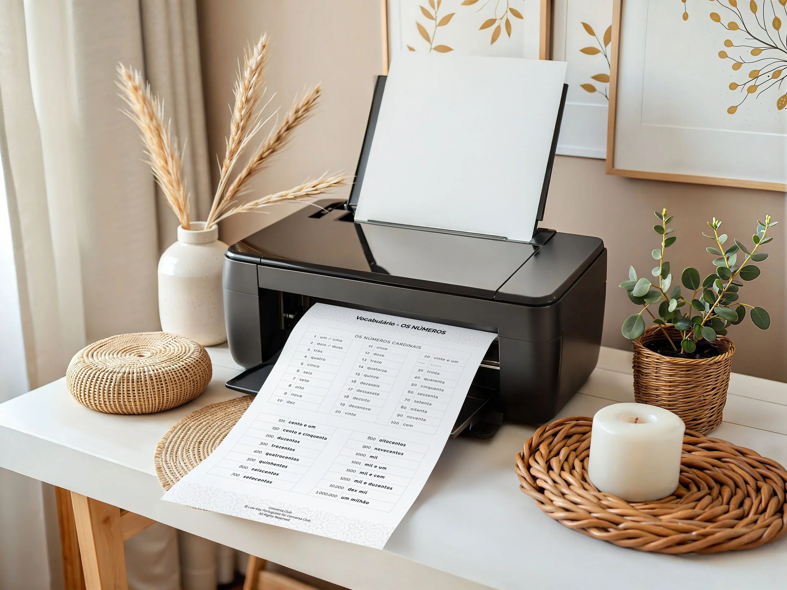 A black printer on a white table printing a sheet with numbers and words in European Portuguese. Next to it, a wicker basket with a white candle on a woven placemat, a round container, and a potted eucalyptus plant.