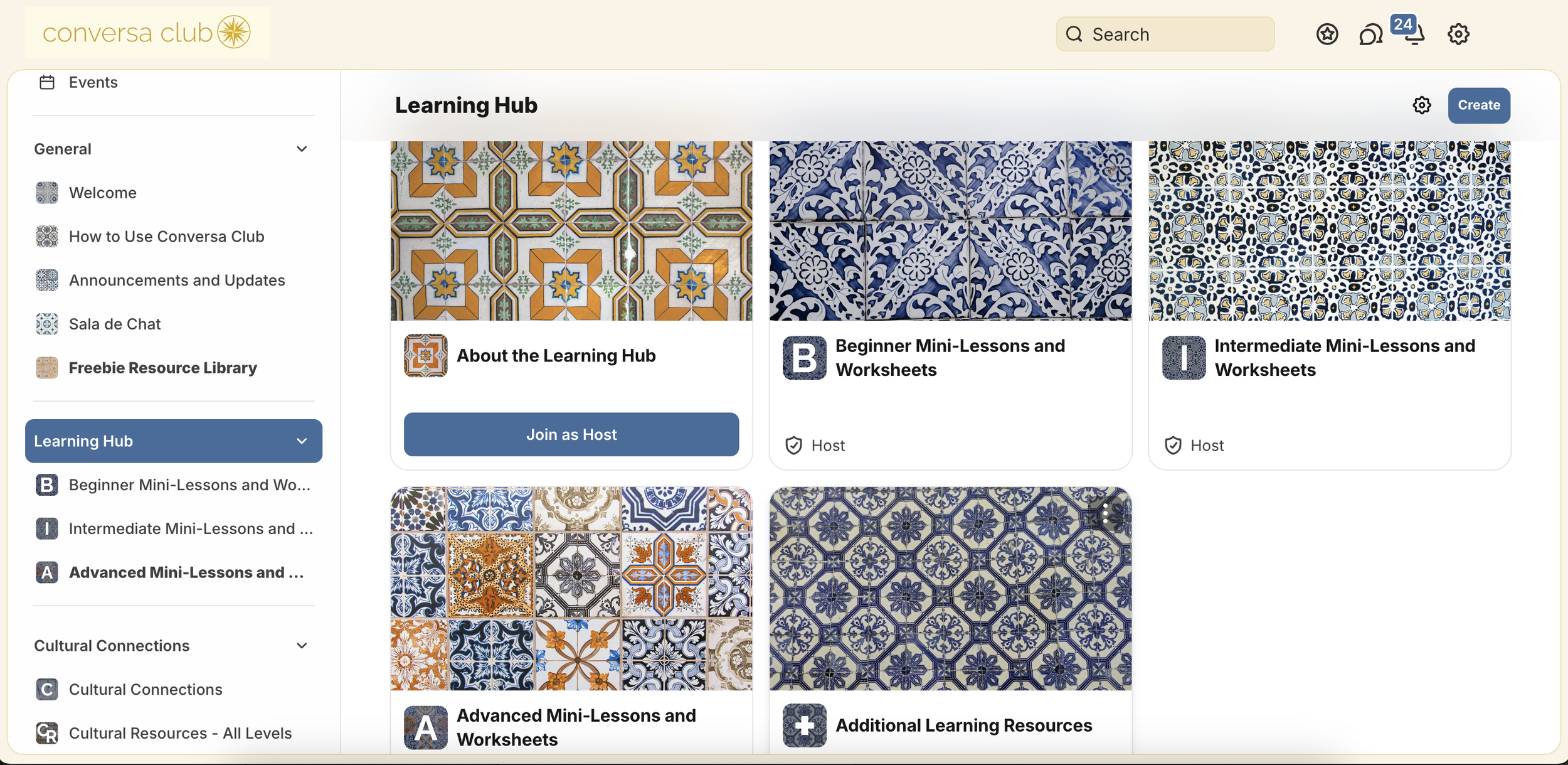 Screenshot of the Conversa Club European Portuguese learning platform showing tiles with decorative tile patterns used for different courses and resources, including About the Learning Hub, Beginner Mini-Lessons, and Advanced Mini-Lessons.