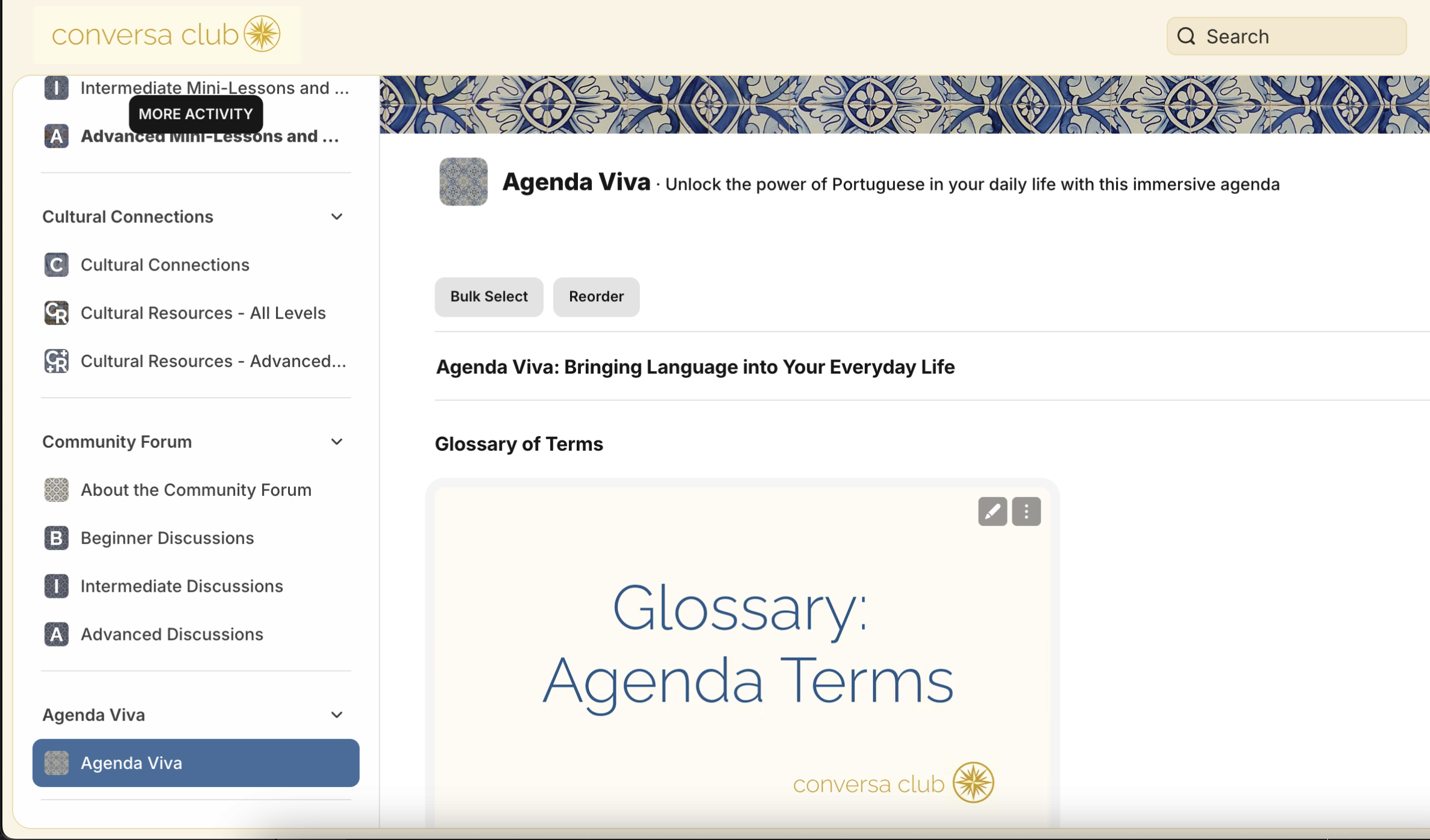 Screenshot of a website page titled "Agenda Viva" with a subtitle "Unlock the power of Portuguese in your daily life". It features a glossary section labeled "Glossary of Terms" with a visible header "Glossary: Agenda Terms." The website menu on the left lists sections such as "Cultural Connections" and "Community Forum." The top right corner has a search bar.