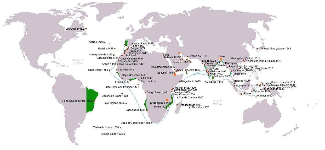 World map depicting Portuguese exploration and discoveries between 1400 - 1500