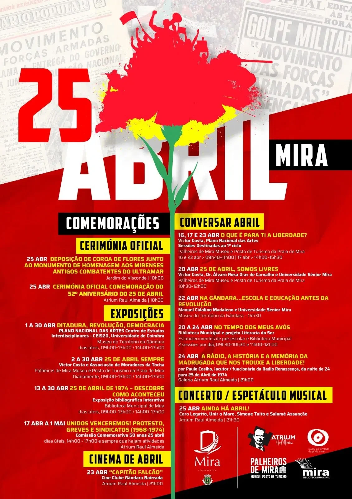 Program from the city of Mira in Portugal outlining the various activities in 2026 celebrating Dia da Liberdade, 25 de Abril, April 25th, The Carnation Revolution