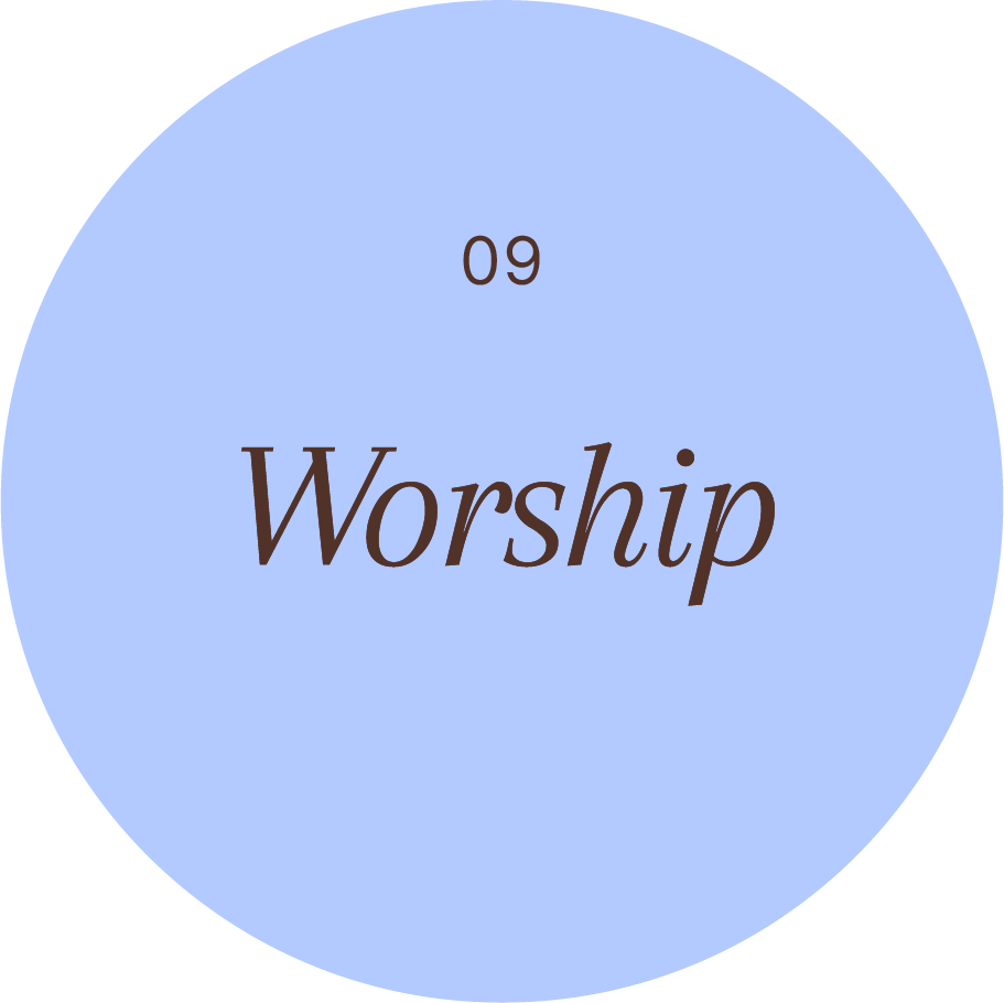 A blue circular graphic with the words 'Worship 09' in the center, with 'Worship' in a larger font.