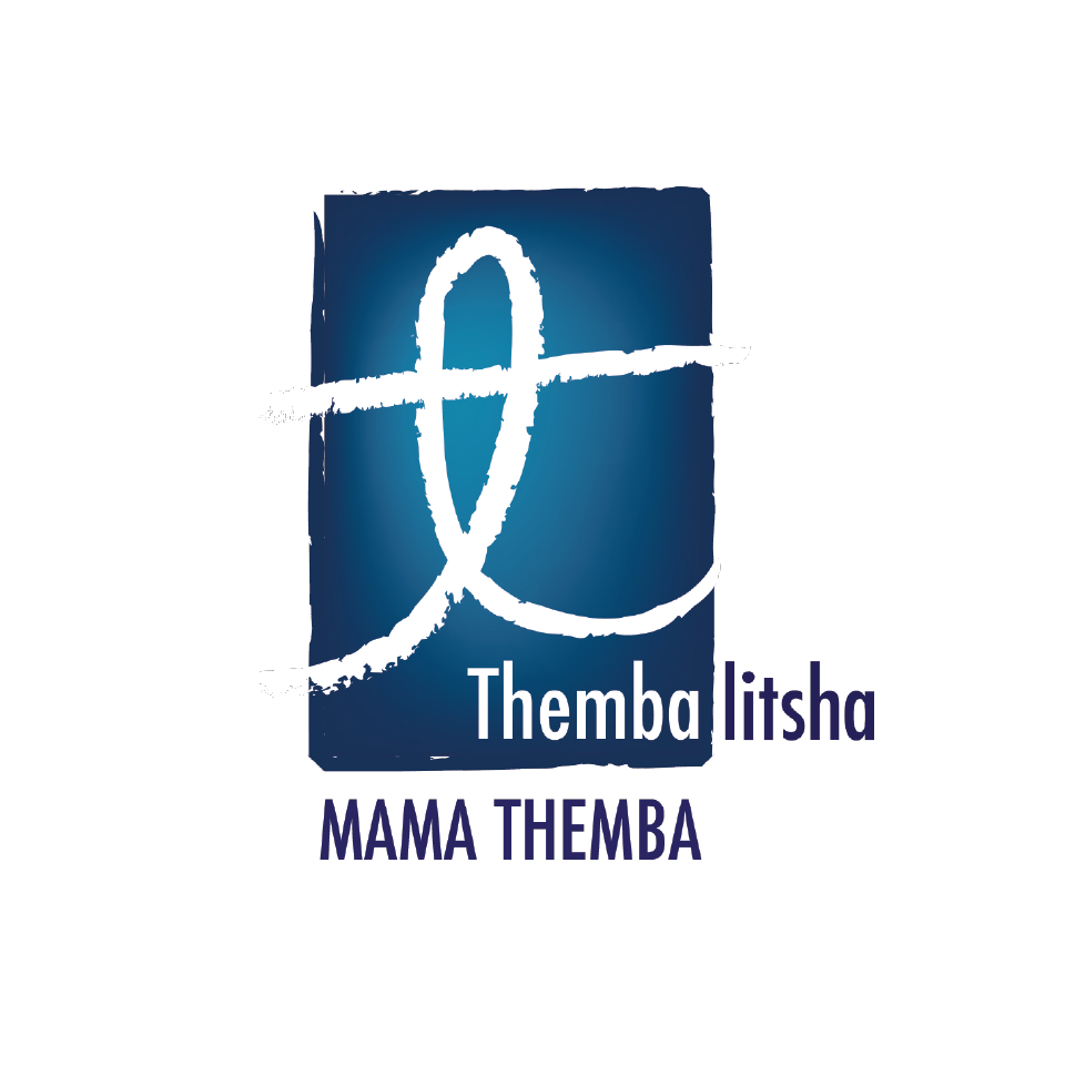 Logo with a white abstract symbol on a blue rectangular background, featuring the text "Themba litsha" and "MAMA THEMBA" in white and dark blue font.