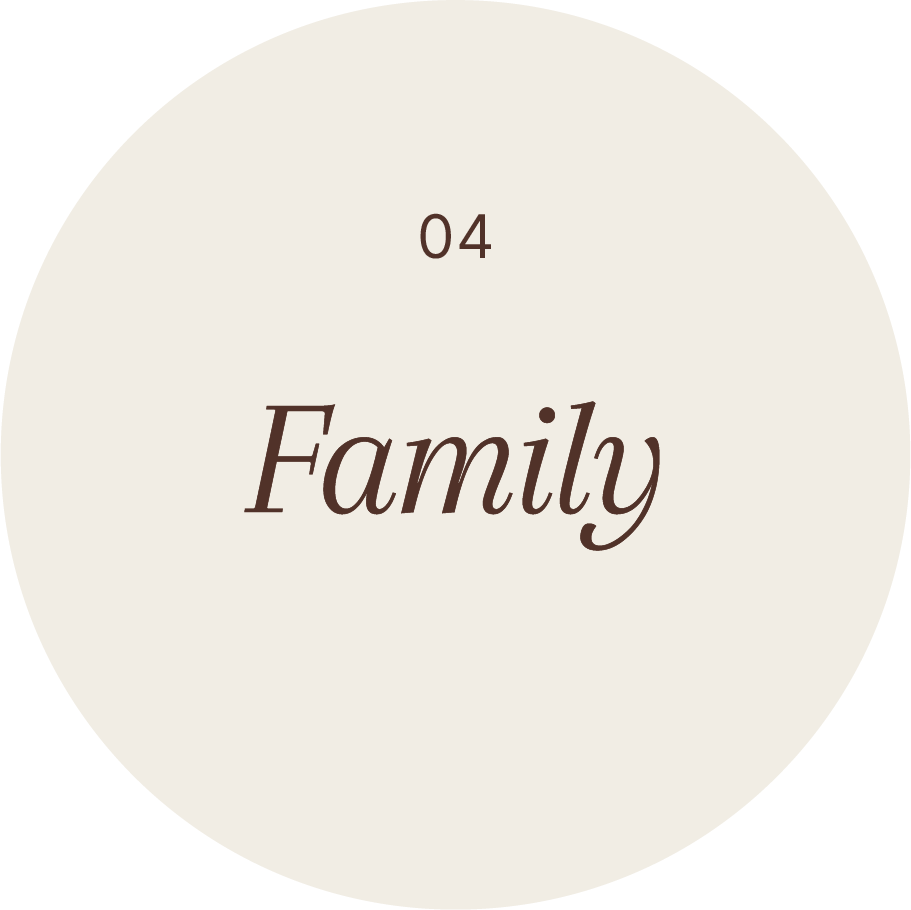 A circular design with a beige background, the number '04' at the top, and the word 'Family' in the center in brown, italicized font.