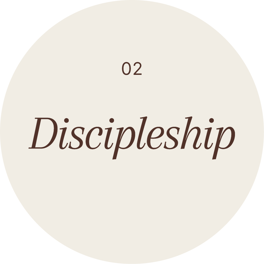 The number 02 and the word 'Discipleship' written in brown text on a light background, inside a large white circle.