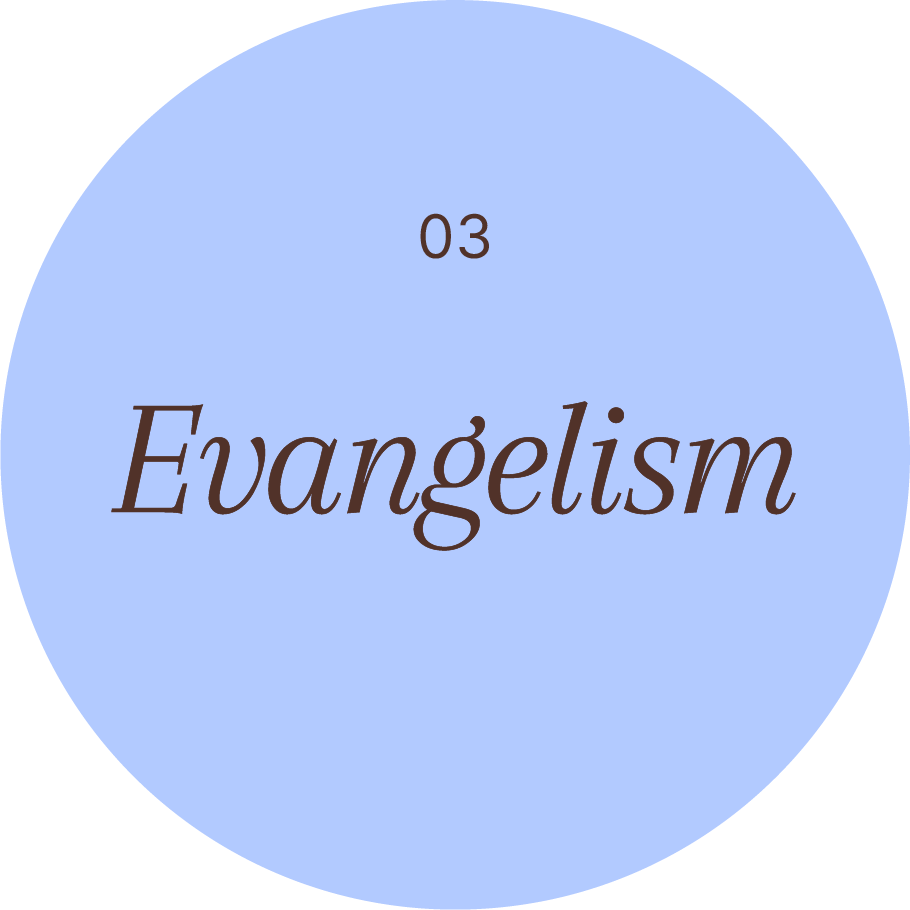 Circular diagram with the word "Evangelism" and the number "03" inside, on a light blue background.