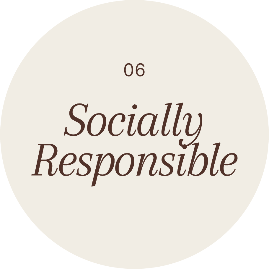 A circular badge with the number 06 at the top and the words 'Socially Responsible' in the center, all on a light beige background.