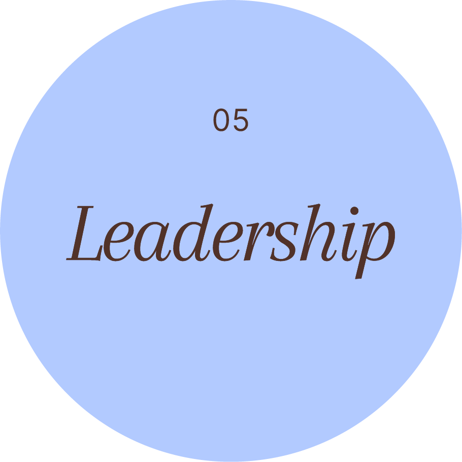 A light blue circle with the word "Leadership" in large, stylized text and the number "05" above it.