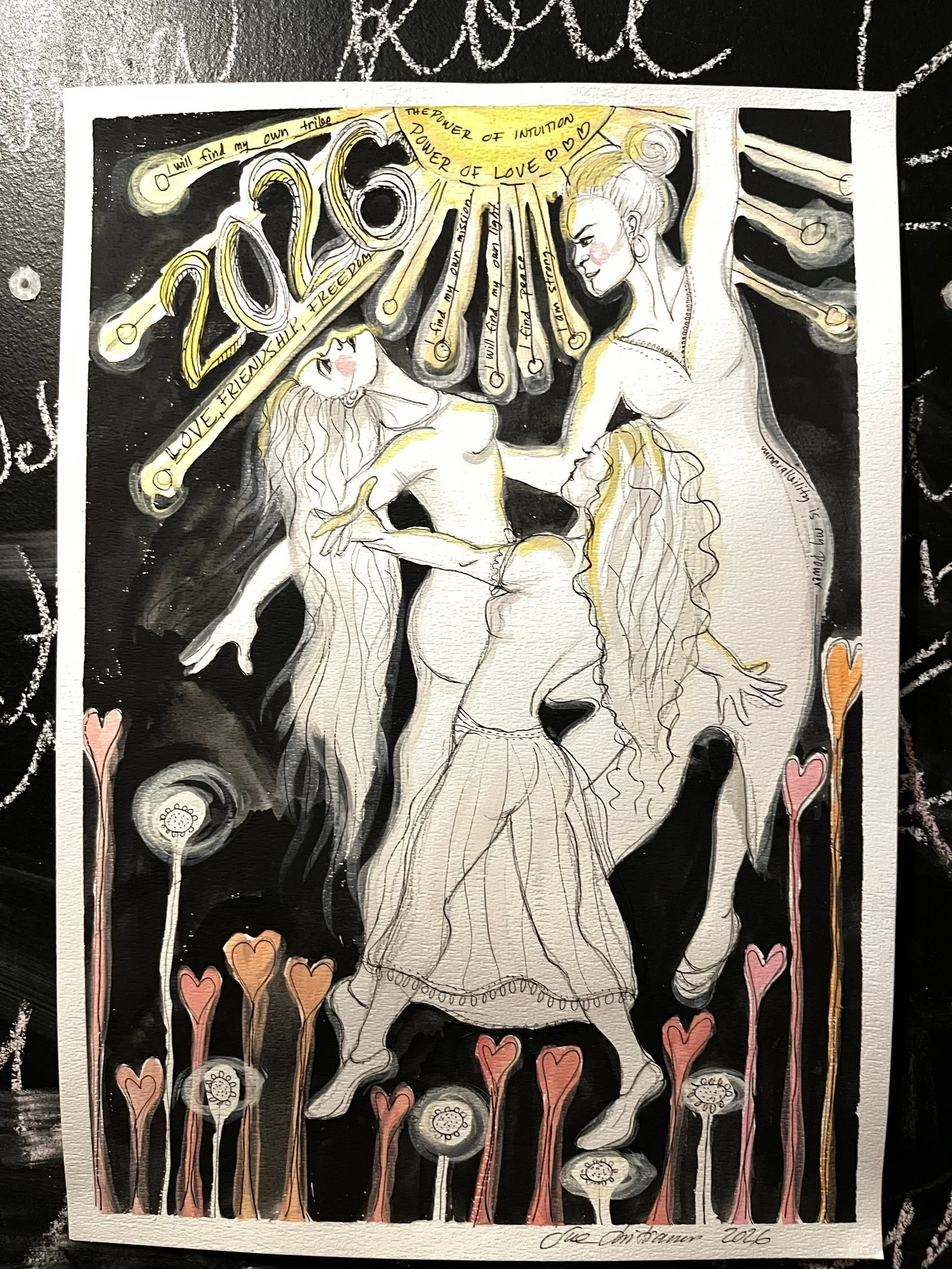 A black and white artistic drawing of a mermaid and a nude woman with long flowing hair, surrounded by pink and orange hearts and dandelions, with handwritten inspirational phrases and the year 2016.