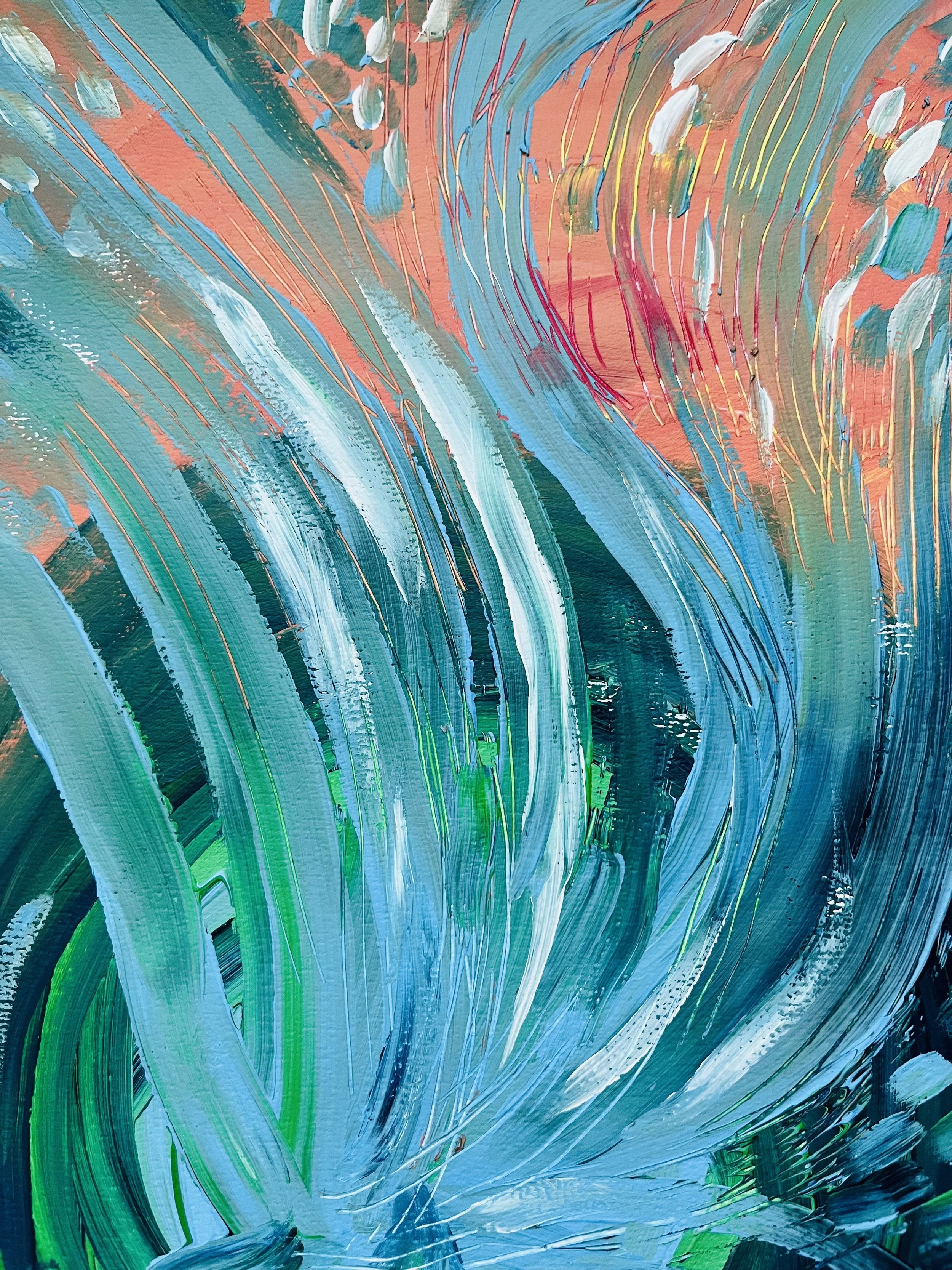 Abstract painting with bold swirling brushstrokes in shades of blue, green, and teal, accented with white and hints of red and pink.