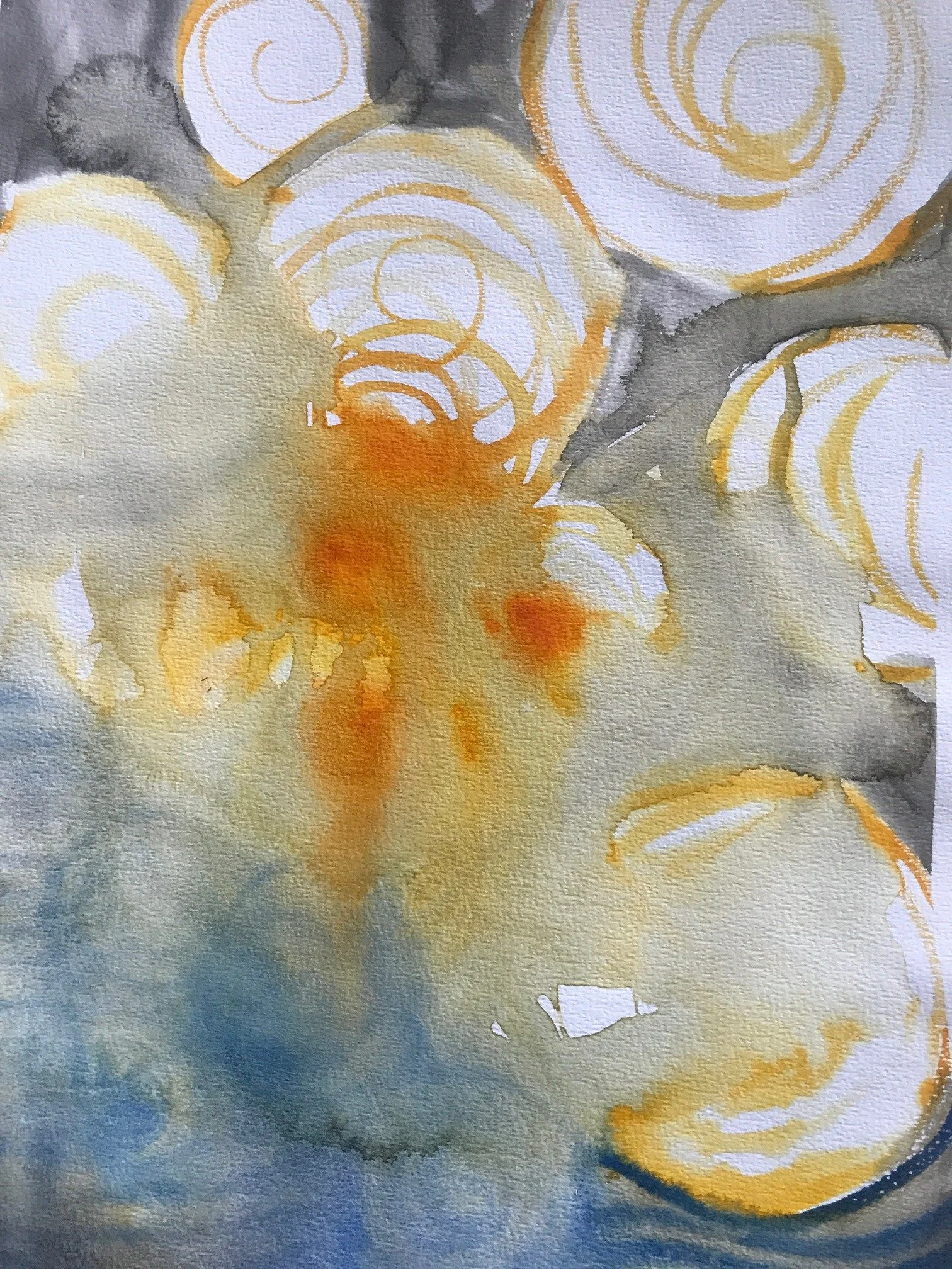 Watercolor painting of a bouquet of yellow roses with gray and white background.