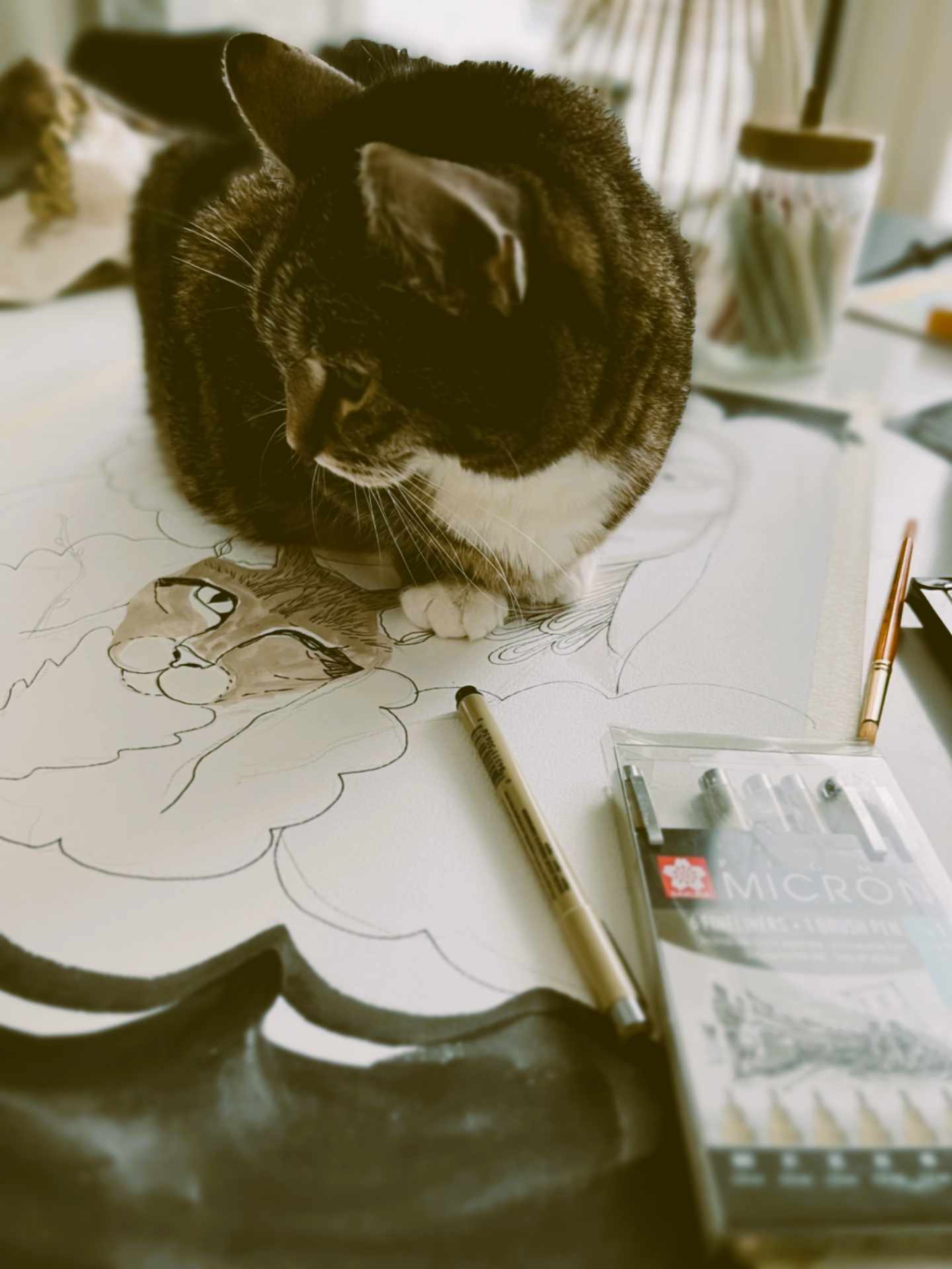 A black and white cat sitting on a drawing of a lion on a sheet of paper, surrounded by drawing tools such as markers and pens, with a container of colored pencils in the background.