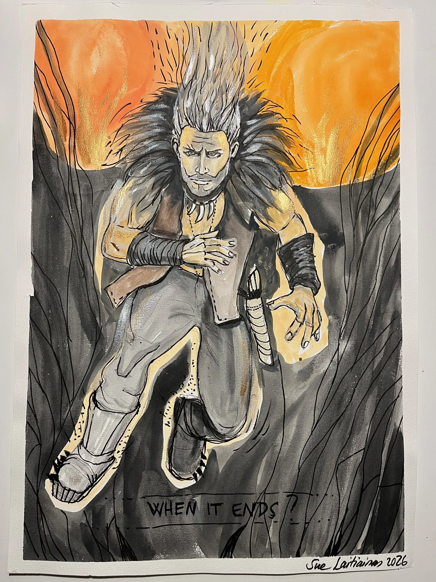 A painting of a man with long, spiky hair and a fierce expression, running through a dark, rocky landscape with orange and yellow sky in the background. The man is dressed in dark clothing with arm and leg wraps, and is holding a knife in one hand. T